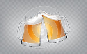 illustration of a realistic style two glass toasting mugs with beer, cheers beer glasses.