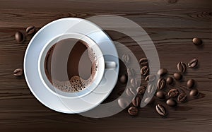 illustration of a realistic style of white coffee cup with a saucer and coffee beans, top view