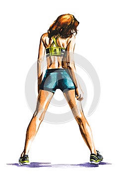 Illustration of Rear view of female athlete wearing sports bra standing in hero pose. Concept of woman power.