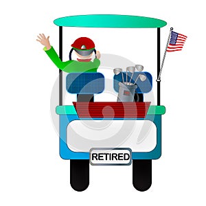 Illustration of Rear view of Male Golfer Riding in Golf Cart