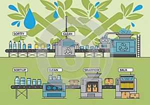 Illustration of a recycling plant process featuring two conveyor
