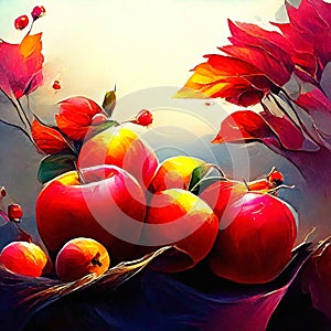 Illustration of red apples and autumn leaves on water surface. Digital painting. AI Generated