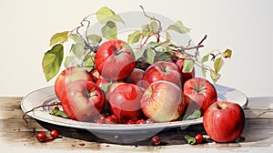 illustration of Red apples on a plate on white background. Fruit still life illustration. Ai generated