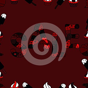 Illustration in red, black and brown colors