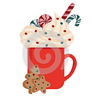 Illustration of red Christmas mug with whipped cream, lollipops, candy cane. Below are gingerbread cookies in the form of Christma