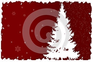 Illustration of a red christmas postcard background with a white fir tree and snow flakes