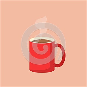 Illustration of red coffee mug with steam. Vector image of coffee cup. EPS10 compatible