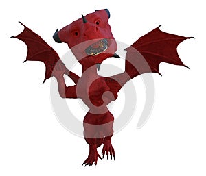 Illustration of a red dragon with a large head plus black horns and teeth and wings outstretched isolated on a white background