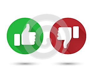 Illustration of red and green thumbs up and down buttons; isolated on white background.