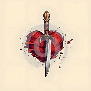 Illustration of a red heart flowing blood and a dagger. Heart as a symbol of affection and