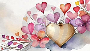 Illustration of red hearts and flowers on isolated white background, watercolor valentine\'s day