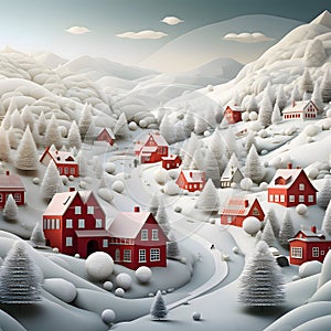 Illustration, red houses and the whole land covered with snow. Christmas card as a symbol of remembrance of the birth of the