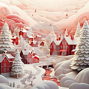 Illustration, red houses and the whole land covered with snow. Christmas card as a symbol of remembrance of the birth of the