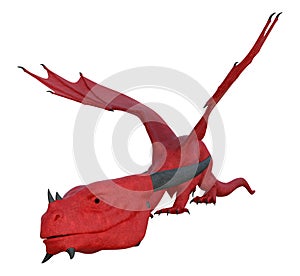 Illustration of a red leather skin dragon with outspread wings and head lowered isolated on a white background