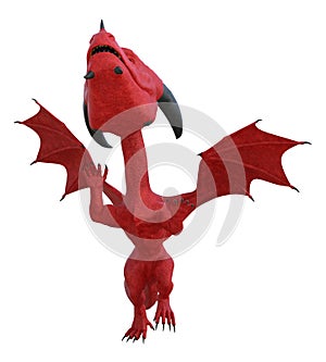 Illustration of a red leather skin dragon with outspread wings moving upward isolated on a white background