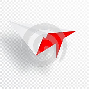 Illustration of red origami paper airplane on white background