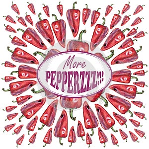 Illustration with red peppers drawn by hand with colored pencil and with logotype in center