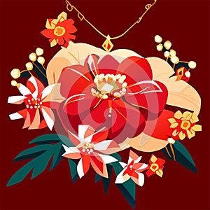 Illustration of a red poinsettia with a gold necklace Generative AI