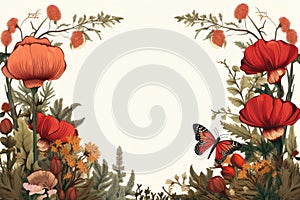 an illustration of red poppies and butterflies on a white background