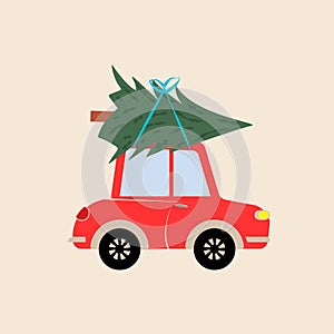 Illustration of a red retro car with a Christmas tree on the roof.