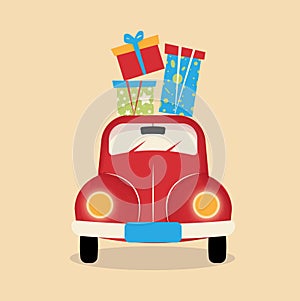 Illustration of a red retro car with gifts on a beige background.