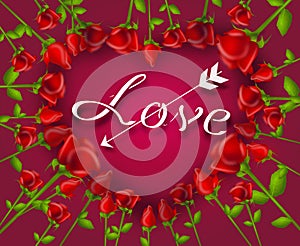 Illustration of heart set of red roses with text Love