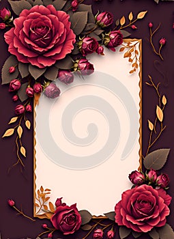 Wedding invitation floral border red roses and leaves theme.
