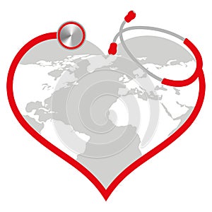 Illustration of a red stethoscope with a heart and globe