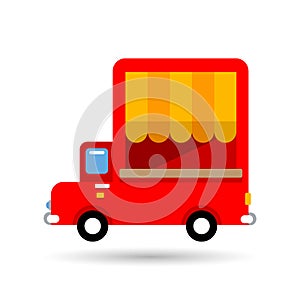 Illustration, red street truck shop. Transport icon, vector