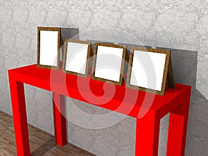 A illustration of a red table with frames