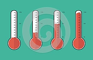Illustration of red thermometers with different levels, flat sty