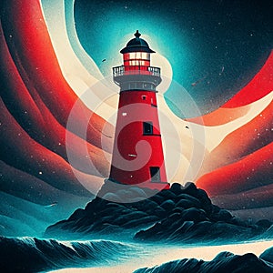 Illustration of a red and white lighthouse in the sea at night Generative AI