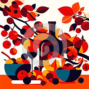 Illustration of a red wine bottle and a bowl with cherries AI Generated