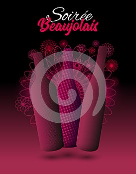 Illustration of red wine bottles with volume. Black and red gradient background with geometric flower illustration. French text