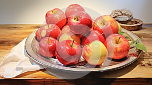 illustration of red yellow apples on a plate on white background. Fruit still life illustration. Ai generated