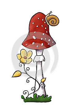 Illustration of redcap fly agaric with yellow flower and snail on green grass. Hand-drawn poisonous mushroom with dots