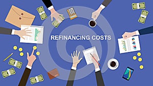 Illustration of Refinancing costs discussion situation in a meeting with paperworks, money and coins on top of table photo