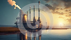 Illustration of a refinery near a lake at sunset, towers emit smoke against an orange sky causing pollution in the atmosphere,