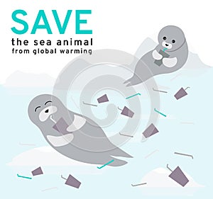 The illustration reflects the current environmental problems of the seals, ice is constantly melting from water pollution and plas