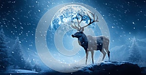 Illustration of A reindeer with snowy landscape under the full moon. Generative Ai