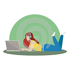 Illustration relaxing girl, lying and working on laptop