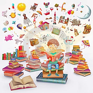 Illustrazioni scena resa sulla base di un modello computerizzato da poco giovane zenzero ragazzo lettura un libro 