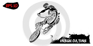 Illustration with representative of Urban Culture. BMX rider in a jump isolated on white background. Extreme theme modern print.