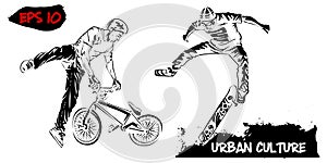 Illustration with representatives of Urban Culture. BMX rider and skater isolated on white background. Extreme theme modern print.