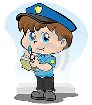 Illustration representing a child police uniform writing a fine or warning in your block of notes