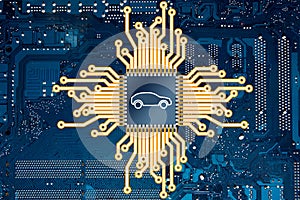 An illustration representing a computer circuit board and a car chip