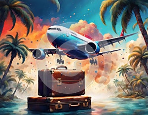 An illustration representing travel and vacation with planes and suitcases