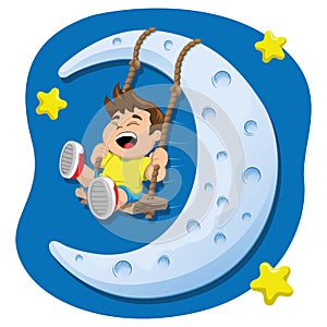 Illustration represents a child playing swing on the moon