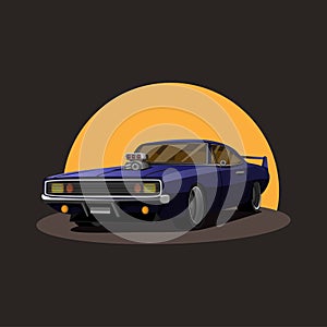 Illustration of Retro american muscle car supercharger turbo with sunset on background concept in cartoon vector