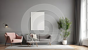 Retro style in beautiful living room interior with grey empty wall